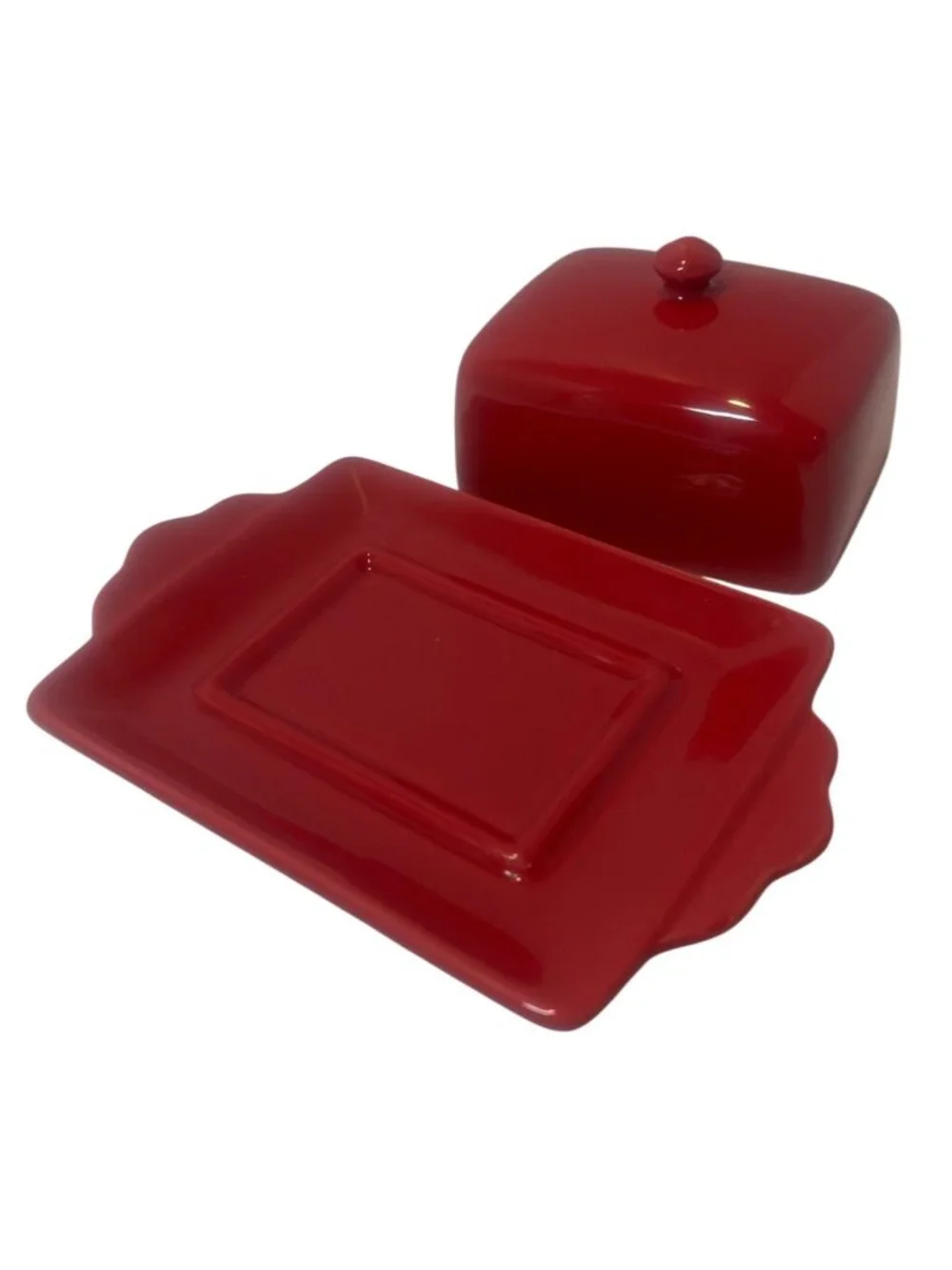 Red Ceramic Butter or Cheese Dish with Lid Scalloped Tray Dishwasher & Microwave